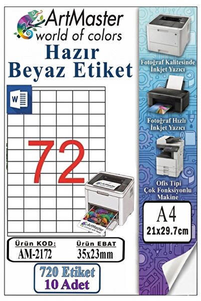 Artmaster A4 Hazır Beyaz Etiket 35x23mm 10 Sayfa 1 Paket 72 li Kendinden Yapı...