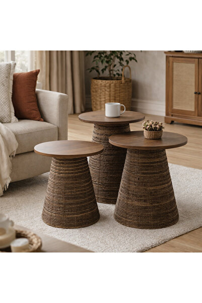 Palma homez Wood and Woven Base Side Table Set - Brown - 3 Pieces