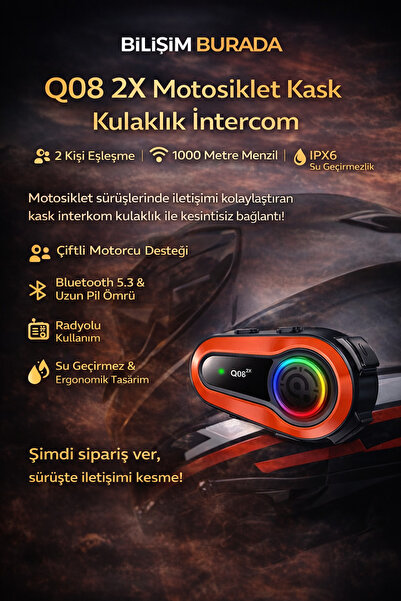 kruxon Q08 2X Motosiklet Kask Interkom Bluetooth 5.3 1000m Su Geçirmez Telsiz...