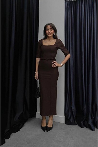 mafdress Kadın Kare Yaka Kahverengi Zara Model Kemerli Elbise