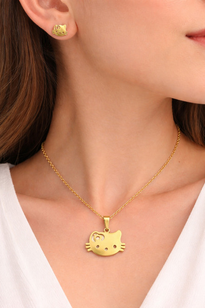 HER ŞEY NOTA www.herseynota.com Gold Color Cat Figured Stainless Steel Neckla...