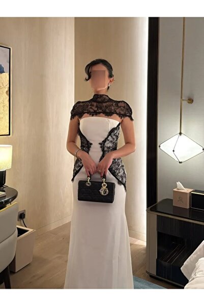 REVE Long White Dress with Black Lace Detailing on the Chest and Shoulders.
