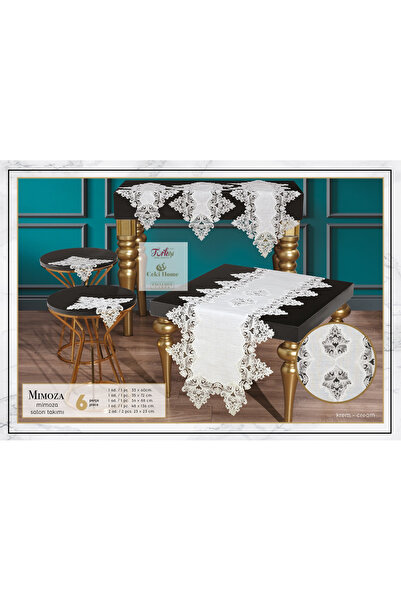 Ceki Home Σετ Σαλονιού με Ράνερ, Κρεμ Χρώμα Λινό, Γαλλική Δαντέλα, Προϊόντα Π...