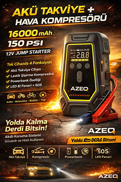 AZEQ DELBEST K5 Akü Takviye Cihazı Hava Kompresörü 16000mAh 150 PSI Jump Star...