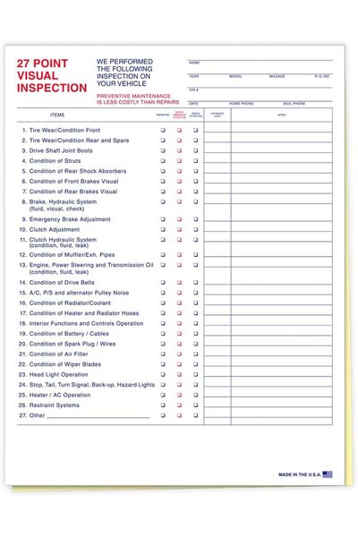 Generic 27-Point Inspection Sheet - Vehicle Inspection Form - Pack of 100 Pie...