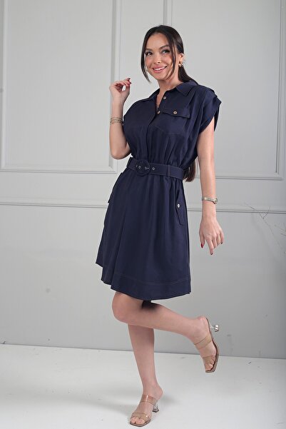 By Saygı Γυναικείο κοντό φόρεμα σαφάρι με πατιλέτα μπροστά και τσέπες με μισά...