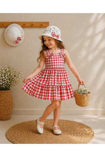 krm kerem bebe Καλοκαιρινό καρό φόρεμα για κορίτσια με καπέλο και τιράντες