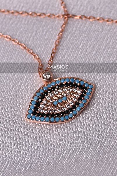 Masios Silver Mix Taşlı Rose Nazar Göz Model 925 Ayar Gümüş Kolye