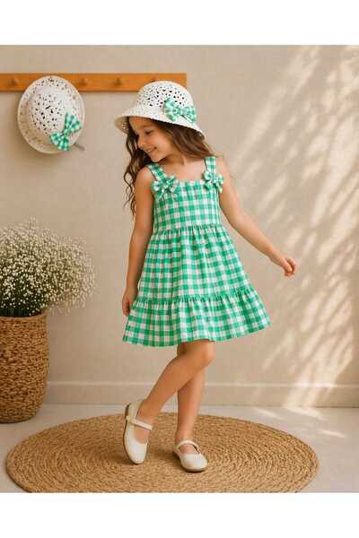 krm kerem bebe Καλοκαιρινό καρό φόρεμα για κορίτσια με καπέλο και τιράντες