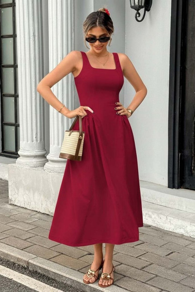 Modayakamoz Νέα σεζόν Γυναικείο φόρεμα μίντι με τετράγωνο λαιμό και τιράντες,...