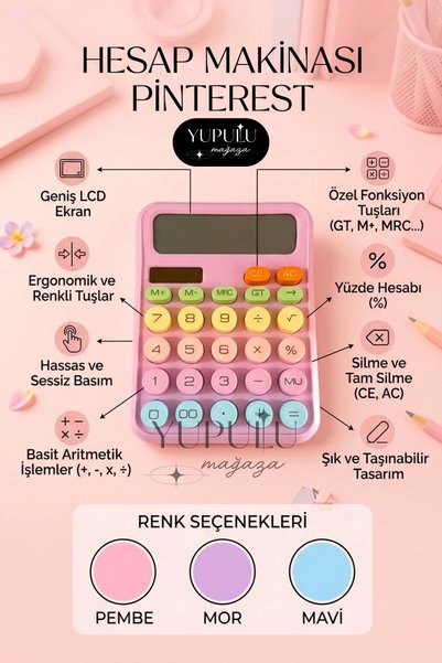 YUPULU Pinterest Hesap Makinesi Pembe Lcd Geniş Ekran, Güneş Enerjili ve Pilli Hesap Makinesi 12 Hazneli
