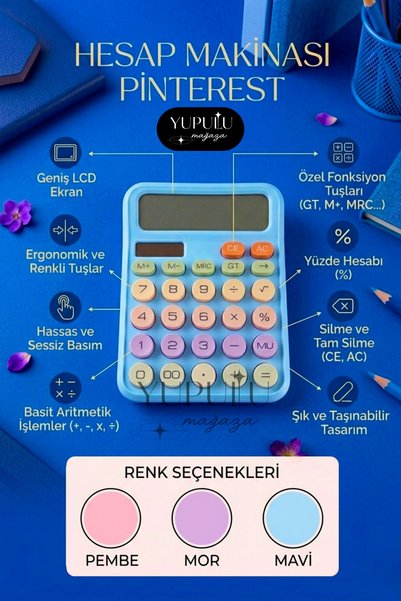 YUPULU Pinterest Hesap Makinesi Mavi Lcd Geniş Ekran, Güneş Enerjili ve Pilli Hesap Makinesi 12 Hazneli