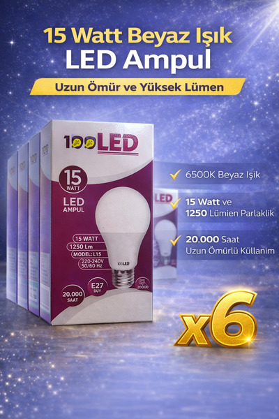 Genel Markalar LED Ampul 15 Watt Beyaz Işık 6500K Yüksek Lümen E27 Duy Uzun Ö...
