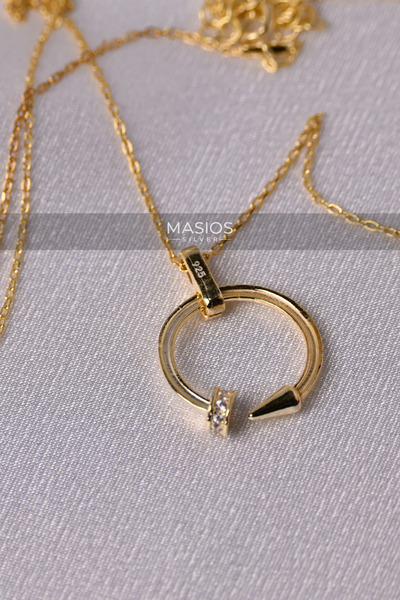 Masios Silver Zirkon Taşlı Gold Renk Minimal Çivi Model 925 Ayar Gümüş Kolye