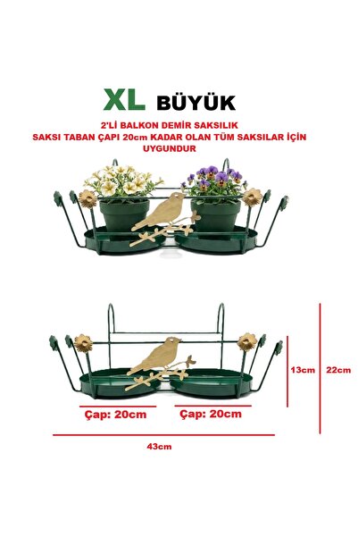 BGA 2'li XL Büyük Boy Çiftli Balkon Demiri Saksılık yeşil&gold varaklı bahçe ...