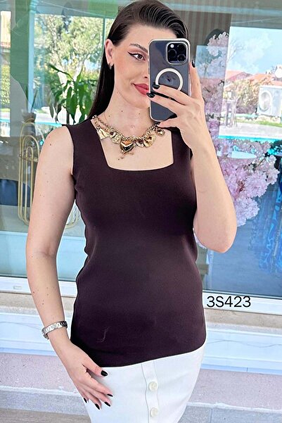 İnce Topuk Μπλούζα πλεκτή με τετράγωνο λαιμό και μηδενικά μανίκια 3s423