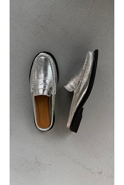 Eataly Shoes Παντόφλες Oxford από γνήσιο δέρμα με ασημένια κορδόνια Lena