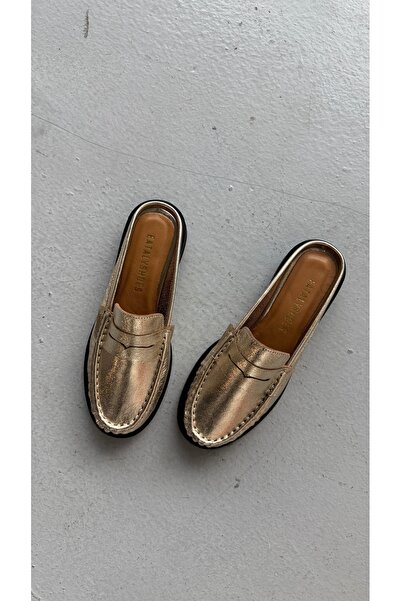 Eataly Shoes Παντόφλες Oxford από γνήσιο δέρμα με κορδόνι Lena Gold