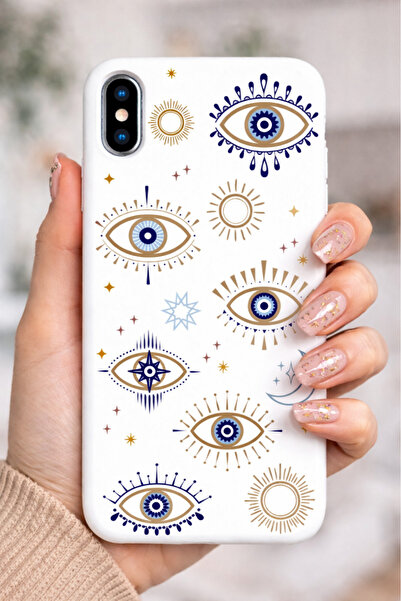 3GEN CASE iPhone X-XS Uyumlu Nazar Temalı Modern Göz Desenli İçi Kadife Beyaz...