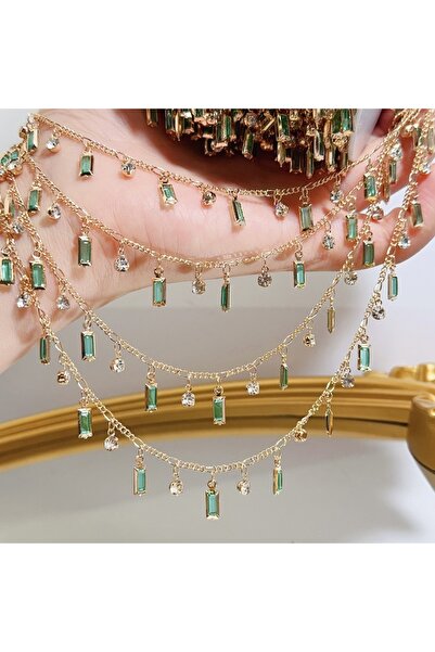 Choice1 سلسلة ذهبية KC بطول متر واحد بلون أخضر نعناعي مع قلادة ماسية مستطيلة ...