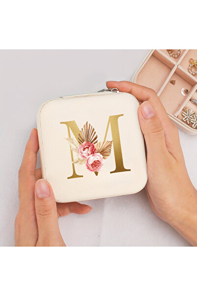 Choice18 M A-Z Alphabet Print Beige Jewelry Box, Elegant Travel Jewelry Case ...