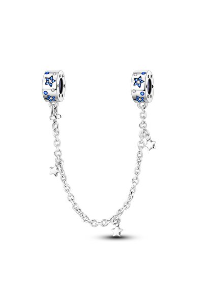 Choice KTC964 925 Sterling Silver Star Safety Chain Charm Blue CZ Celestial S...