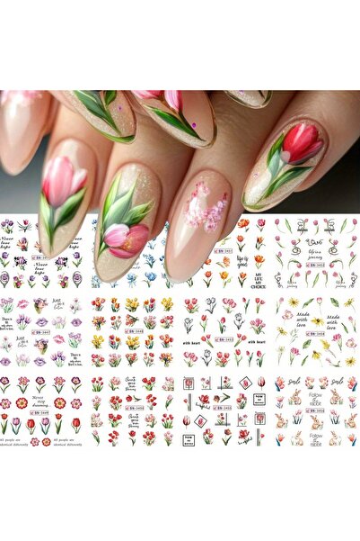 Choice BN3445-3456 Simple Tulips Flower Nail Stickers 12 Designs Colorful Bou...