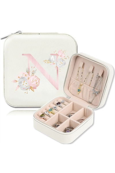 Choice23 MFQ-4---N White Floral Print Portable Travel Mini Jewelry Box Leathe...