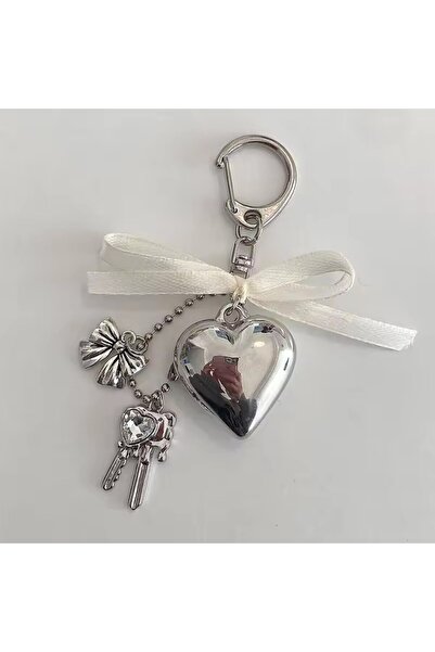 choice2 Bowknot Keychain-A2 Ins Hrart Bownot Keychain Silvery Love Shape Pend...