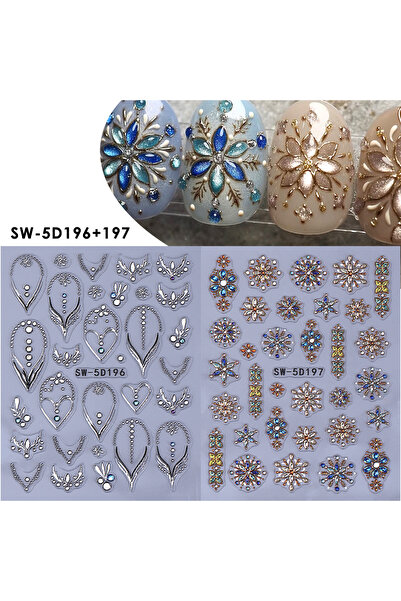 Choice SW-5D196 197 2pcs Luxury Gems 5D Embossed Nail Stickers Snowflake Flow...