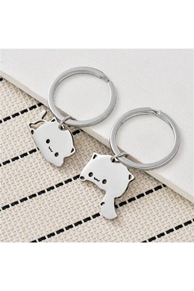 Choice Silver Cute Cartoon Cat Keychain Couple Lovers Stainless Steel Matchin...
