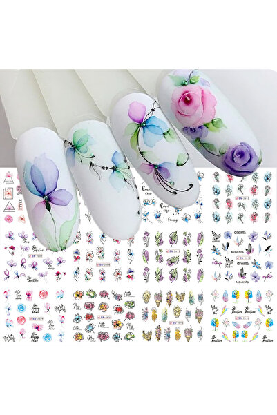 Choice BN2605-2616 Watercolor Flowers Leaves Nail Stickers Geometry Line Graf...