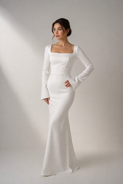Alberson Dress Balık Kare Yaka Yırtmaç Kol Nikah Elbisesi