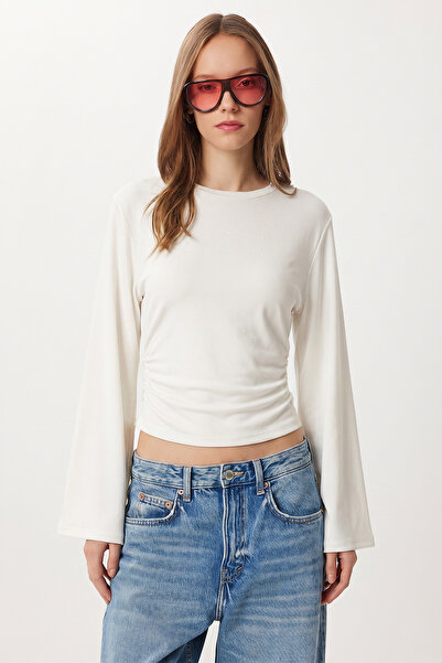 Lovelyİstanbul Ισπανική μπλούζα με κορδόνι στο μανίκι Modal LMW0034 ΕΚΡΟΥ