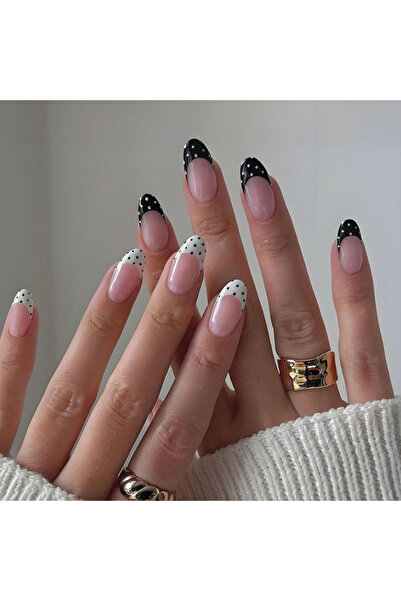 Choice 1 24PCS Cute Almond False Nails Black White Polka Dots French Press on...