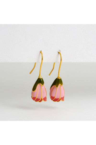 Choice T095 Vintage Fresh Pink Enamel Tulip Flowers Long Tassel Drop Dangle E...