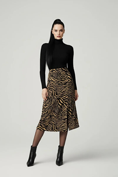 MEX ELENA Kadın Yırtmaçlı Kahverengi Zebra Desen Midi Boy Etek