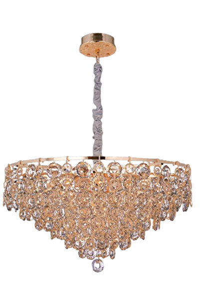 Lamba Kristal Taşlı Halkalı Gold Salon Avizesi 60 x 90cm 13xE14