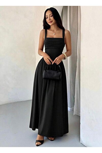 MEGOMEL Γυναικείο καλοκαιρινό μακρύ φόρεμα με τετράγωνο λαιμόκοψη και λεπτομέ...