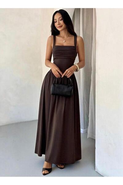 MEGOMEL Γυναικείο καλοκαιρινό μακρύ φόρεμα με τετράγωνο λαιμόκοψη και λεπτομέ...