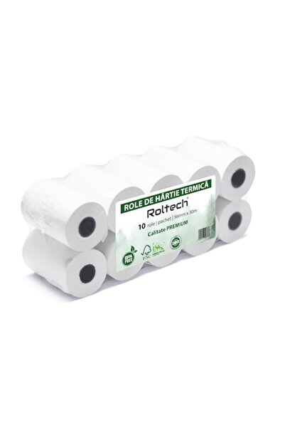 ROLTECH Rolă de hârtie termică, 56mm x 30m, miez de 12mm, 10 role/pachet