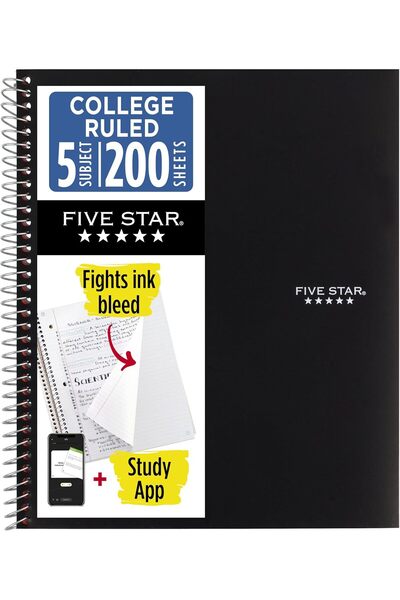 Generic Five Star 5-Subject Spiral Notebook with Study App, College Ruled Pap...
