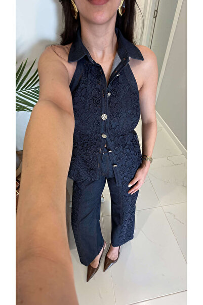 BİRCANÇİL Σετ παντελονιού με δαντέλα σε μπλε ναυτικό χρώμα και αμάνικο πουκάμ...