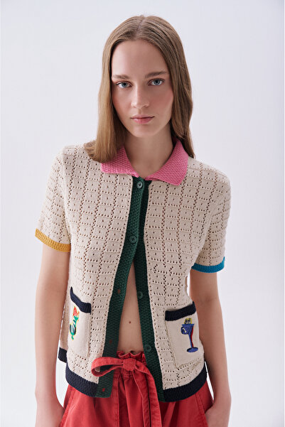 Mudo Women's Ecru Embroidered Polo Collar Short Sleeve Knit Sweater