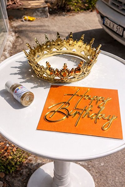 hediyehobihersey Altın Pasta Tacı Seti HappyBirthday Yazı Tam tur Taç Yenileb...