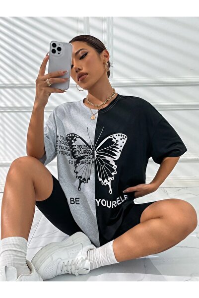NoVibe Tricou supradimensionat cu fluture cu două culori de mărime mare