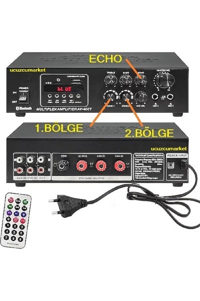 Kalite 200W HAT TRAFOLU 2 KANAL(BÖLGE) AMFİ (İKİ MİKROFON GİRİŞ / BLUETOOTH U...