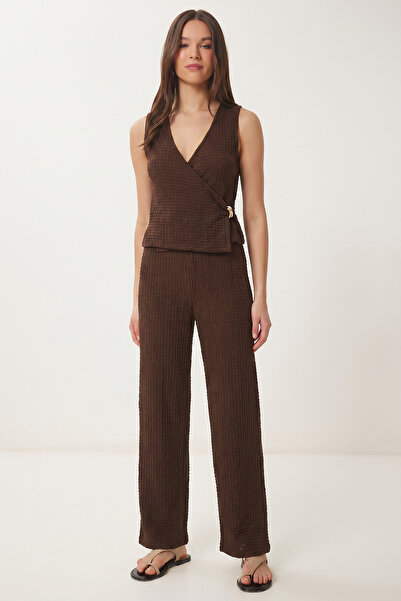 Lovelyİstanbul Εύκαμπτο πλεκτό σετ με υφή και χρυσά αξεσουάρ LAZ0006 ΚΑΦΕ