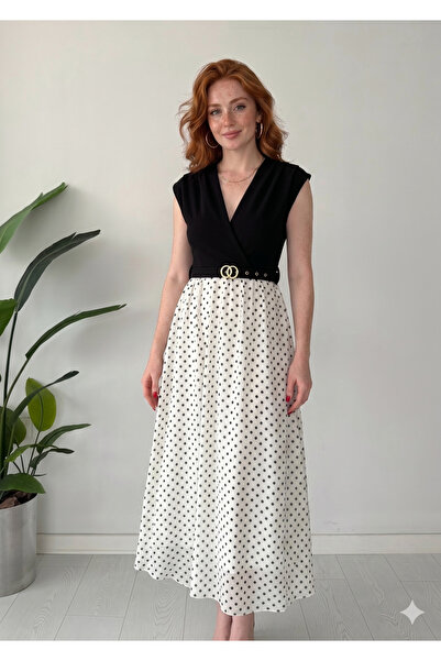 Moda Palmiss Γυναικείο λευκό φόρεμα μίντι από σιφόν με πουά, με ζώνη και διπλ...