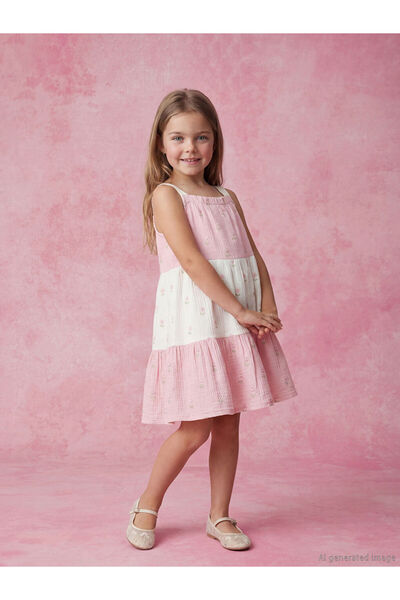 LC Waikiki Square Collar Embroidered Girls' Muslin Dress